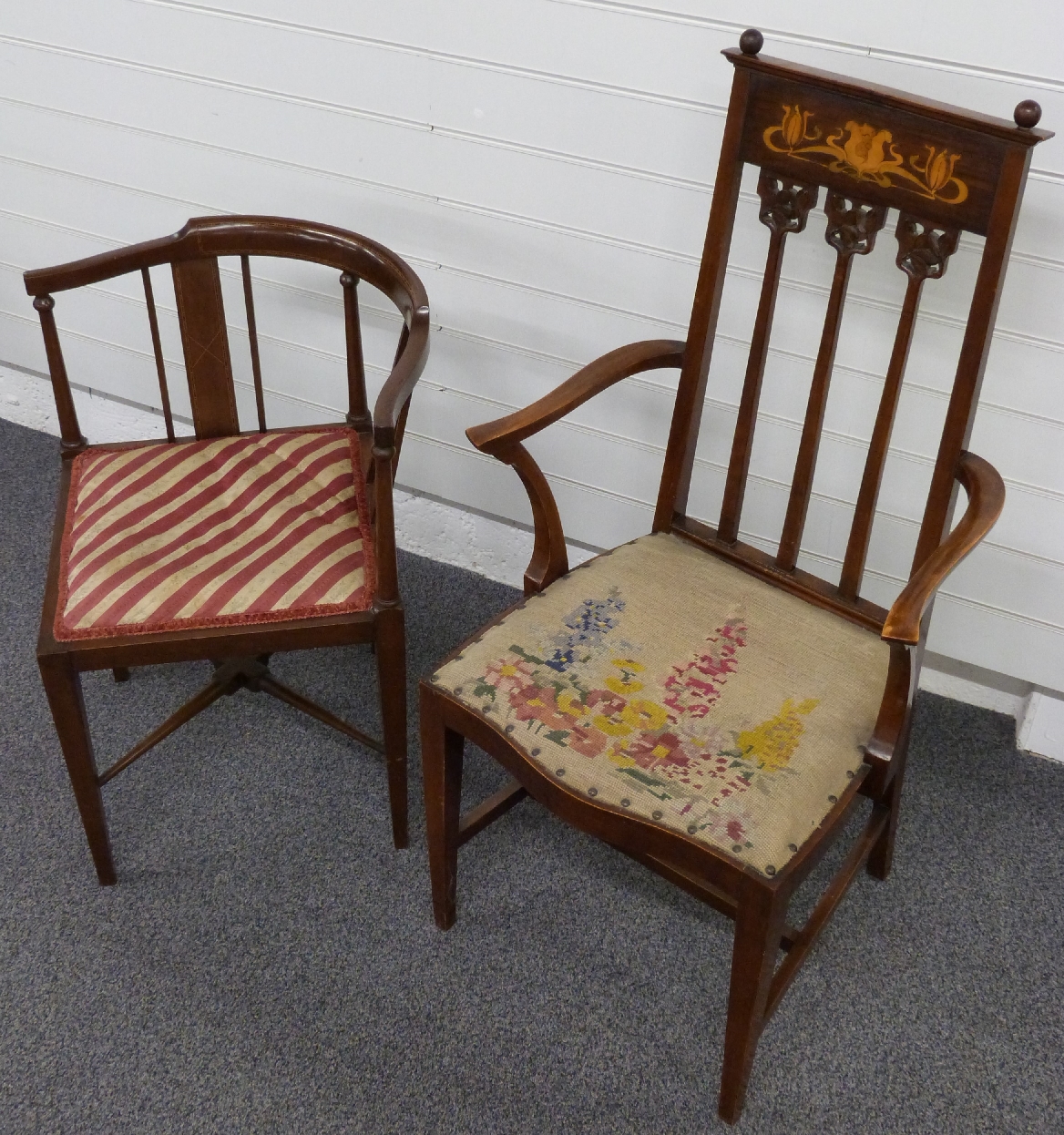 Edwardian Art Nouveau Liberty style mahogany armchair with inlaid decoration and floral tapestry - Image 2 of 2