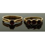 Two 9ct gold rings set with garnets, sizes K & M/N, 3.50g