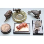 Figural elephant pin dish, diameter 10.5cm, recumbent dog paperweights, Japanese elephant, bird