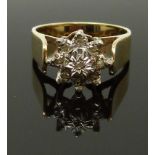 A 9ct gold ring set with diamonds in a cluster, size K, 3.67g