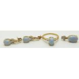 A 9ct gold ring (size N), earrings and pendant set with blue fire opal cabochons and diamonds, 5.9g