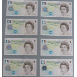 Four consecutive Andrew Bailey UK £5 notes, LC84974624-LC84974627, together with a further four