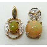 Two 9ct gold pendants set with an Indonesian opal and diamonds