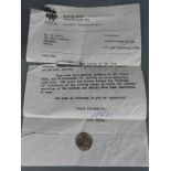 1965 mis-strike sixpence with explanatory letter from The Royal Mint, Tower Hill, London, dated 1970