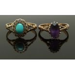 Victorian ring set with an amethyst and a 9ct gold Edwardian ring set with turquoise and seed
