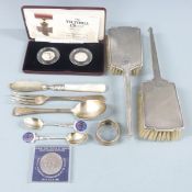 Hallmarked silver cutlery to include Victorian spoon and fork, two spoons with enamel decoration,