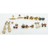 A collection of earrings including four 9ct gold pairs (3.5g), 9ct gold set with a pearl and diamond