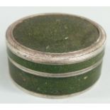 19thC tortoiseshell circular box with silver and green patterned decoration, diameter 6cm
