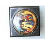 Russian lacquer box with mythical scene to lid and red interior, width 6cm