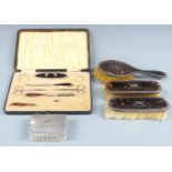 Hallmarked silver and tortoiseshell mounted manicure set in original fitted case together with three