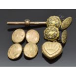 A pair of Victorian cufflinks, Toledo cufflinks, a 9ct gold T bar (3.7g) and 9ct gold back and front