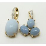 Two 9ct gold pendants set with blue fire opal cabochons and diamonds, 4g