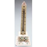 19thC desk thermometer in the form of an obelisk set with mother of pearl and ivory, height 17cm