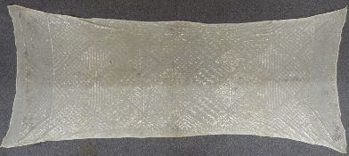 Early 1920's Assuit shawl, the cream net ground with silver coloured metal decoration of geometric