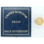 QEII 1988 fourth head proof gold half sovereign, in case with certificate 3058