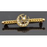 Edwardian 15ct gold brooch set with seed pearls in a crescent and star design, 2.7g