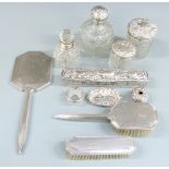 Quantity of hallmarked silver mounted dressing table items including hand mirror, two brushes, six