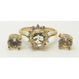 A 9ct gold ring set with a round cut ice opal and zircon and a pair of similar earrings, 3.2g,