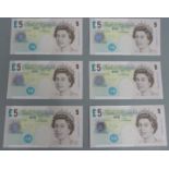 Six consecutive Andrew Bailey uncirculated UK £5 notes, LC21005079-LC21005084