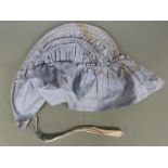 Victorian blue and white striped boned and frilled bonnet