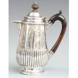 Victorian hallmarked silver hot water jug with reeded lower body, London 1884 maker's mark rubbed