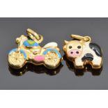 Two 9ct gold and enamel charms, one in the form of a cow and the other a motorbike, 2.8g