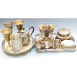 Silver plated and pewter ware including trays, wine coaster, goblets, Ralph Lauren clothes brush etc