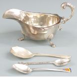 George V hallmarked silver sauce boat raised on three feet, Birmingham 1937 maker S Blanckensee &