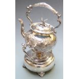 Ornate silver plated spirit kettle on stand with bird handle to teapot, height 34cm