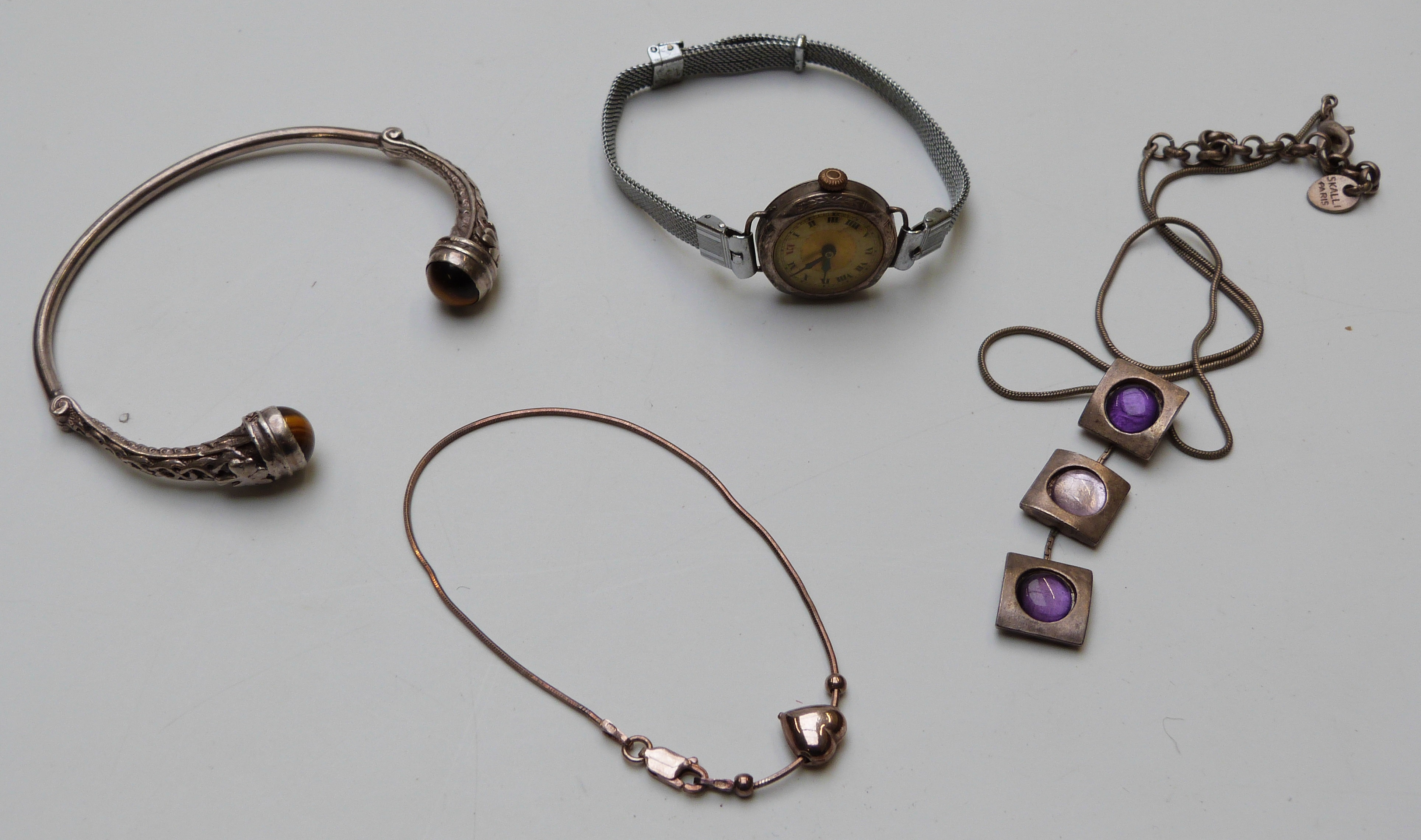 A collection of jewellery including silver, coral, pearl necklace, bird brooch, lighter, etc - Image 6 of 11