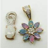 Two 9ct gold pendants, both set with diamonds and opal triplets, 3.5g