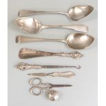 Three Georgian hallmarked silver table spoons, length 22cm weight 169g together with various