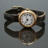 English 9ct gold ladies wristwatch with inset subsidiary seconds dial, blued hands, Roman