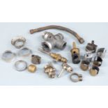 Quantity of pre war Amal motorcycle carburettor parts including body, slides, float and fuel taps