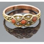 Victorian ring set with coral and seed pearls, size N