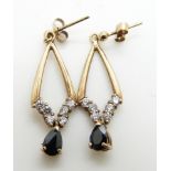 A pair of 9ct gold earrings set with sapphire and cubic zirconia, 2.3g