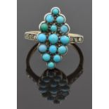 Victorian 18ct gold ring set with turquoise cabochons and diamonds to the shoulders, size P, 5.68g