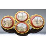 A 19thC micro mosaic buckle formed of four micro mosaic plaques depicting buildings, in gilt mounts,