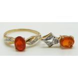 A 9ct gold ring set with a Mexican fire opal and diamonds and a similar pendant, 2.3g, size N