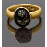 Victorian section of mourning ring set with black enamel and seed pearls in the form of a flower,