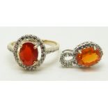 A 9ct gold ring set with an oval cut fire opal and a 9ct white gold pendant set with an oval cut