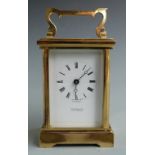 Martin and Co, Cheltenham 20thC brass carriage clock in corniche style case, the painted white Roman
