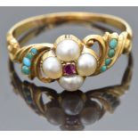 Victorian 18ct gold ring set with a ruby surrounded by split pearls and turquoise to the scrolling