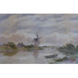 John Steeple RI RBSA (1823-1887), watercolour landscape windmill beside a river, signed and dated