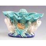 19th/20thC majolica centrepiece in the style of MInton, decorated with two frogs holding a shell