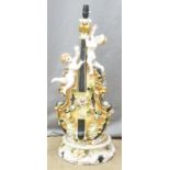 Capodimonte large lamp in the form of a violin decorated with cherubs / putti, height 75cm
