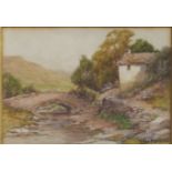 Henry "Harry" James Sticks (1867-1938), watercolour landscape 'Wearhead' with cottage and bridge