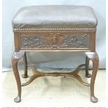 19thC mahogany piano stool with carved frieze, raised on cabriole legs and a child's upholstered