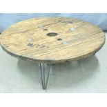 Industrial style coffee table formed from a cable drum side, diameter 110cm