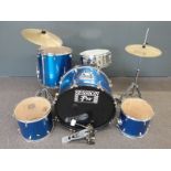 Blue budget drum kit comprising bass drum 22", 18" floor tom, two rack toms (no connector brackets),